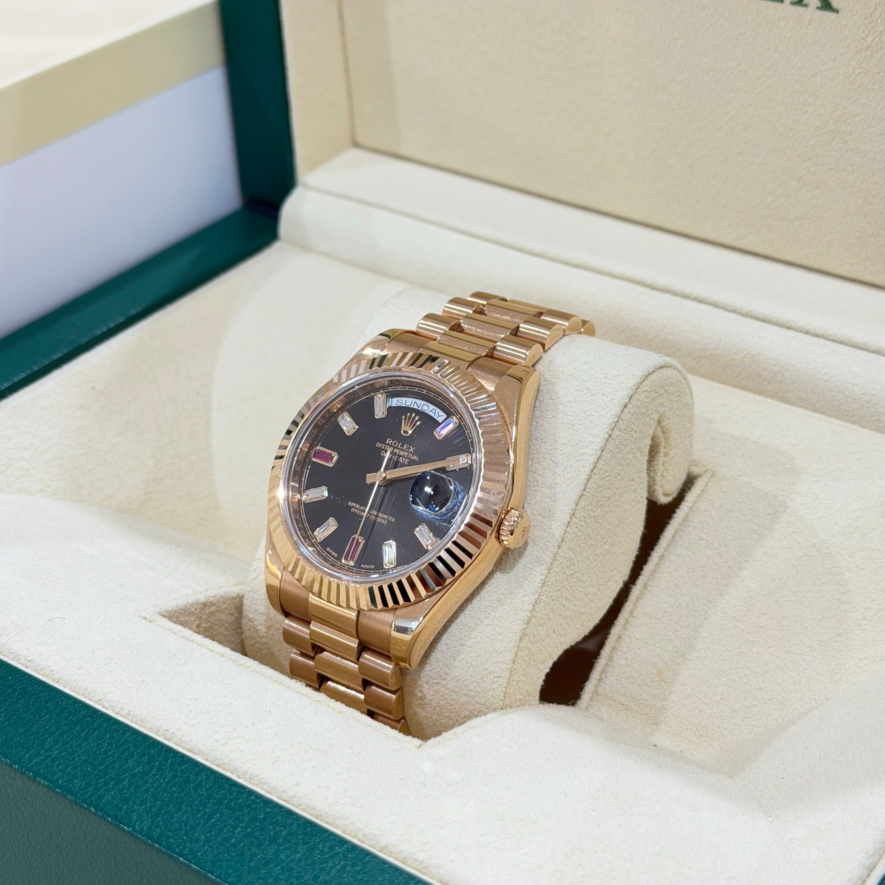 Rolex Day-Date II 218235 Black Diamond & Ruby Dial Full Set