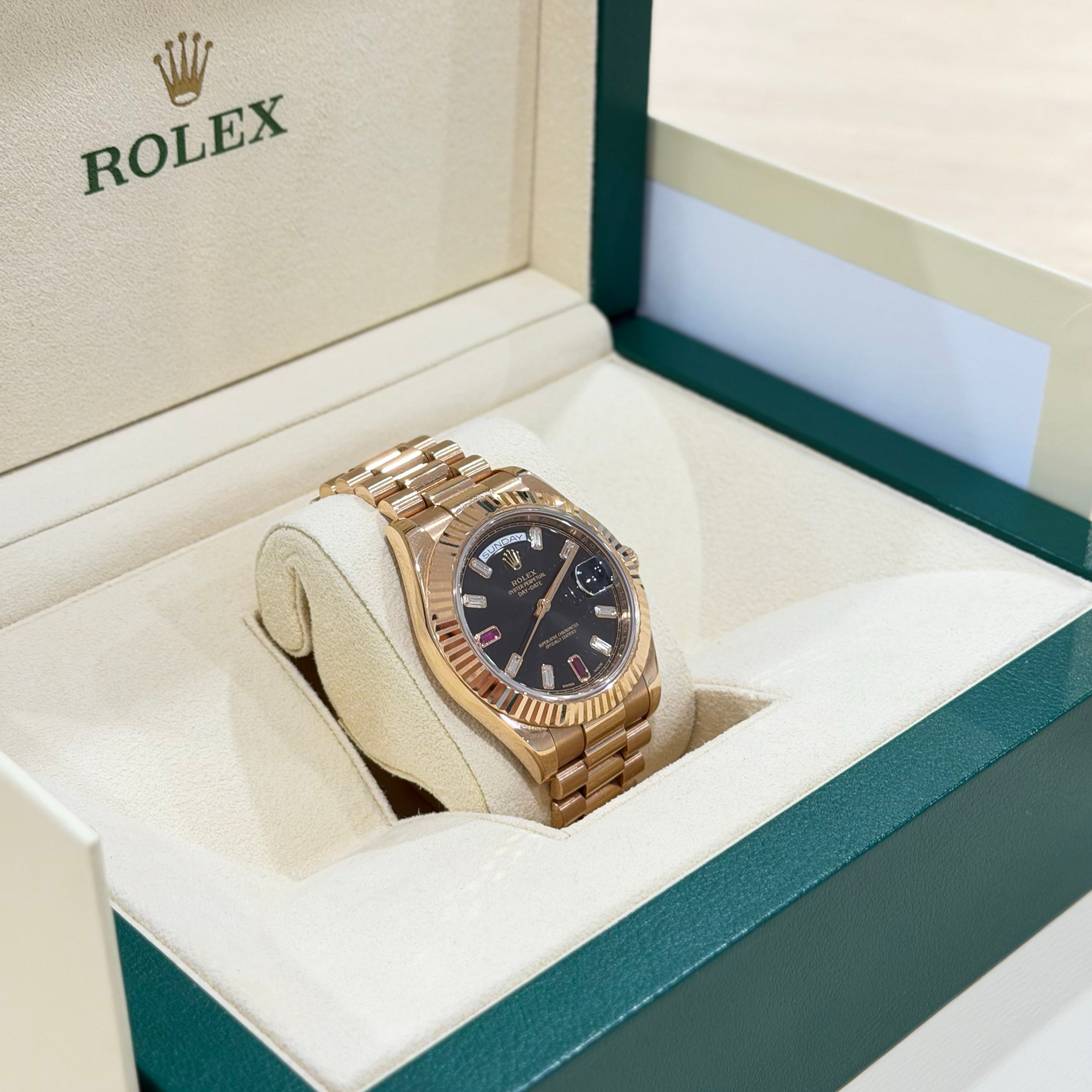 Rolex Day-Date II 218235 Black Diamond & Ruby Dial Full Set