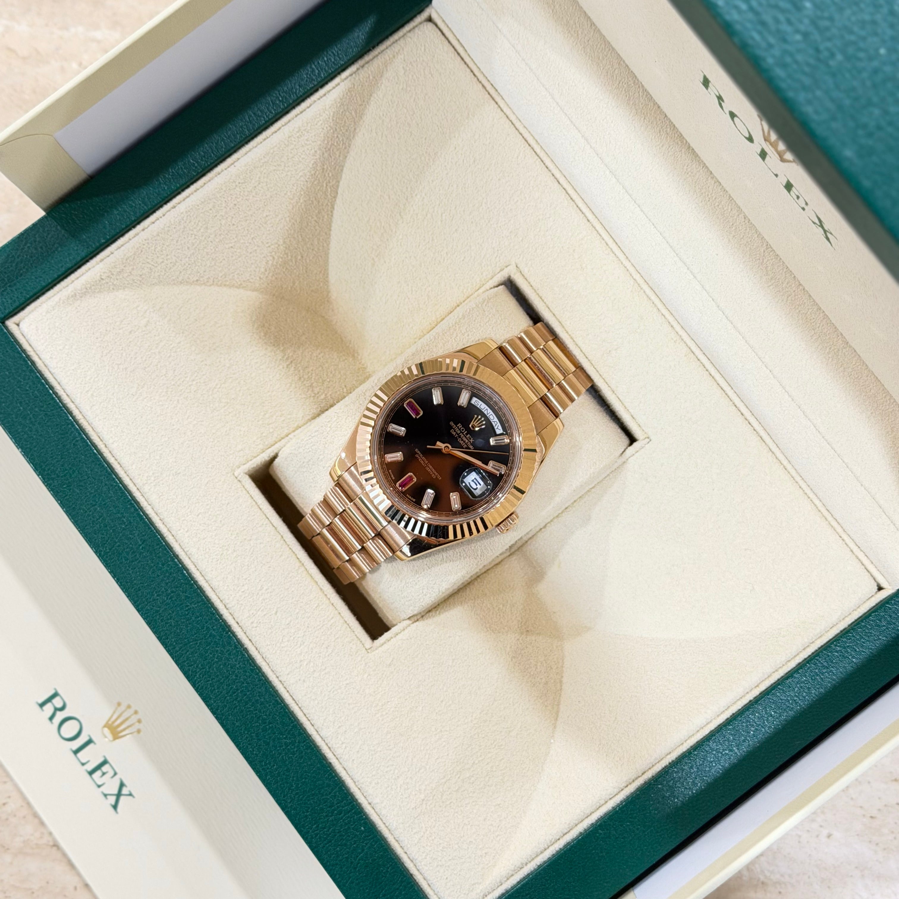 Rolex Day-Date II 218235 Black Diamond & Ruby Dial Full Set