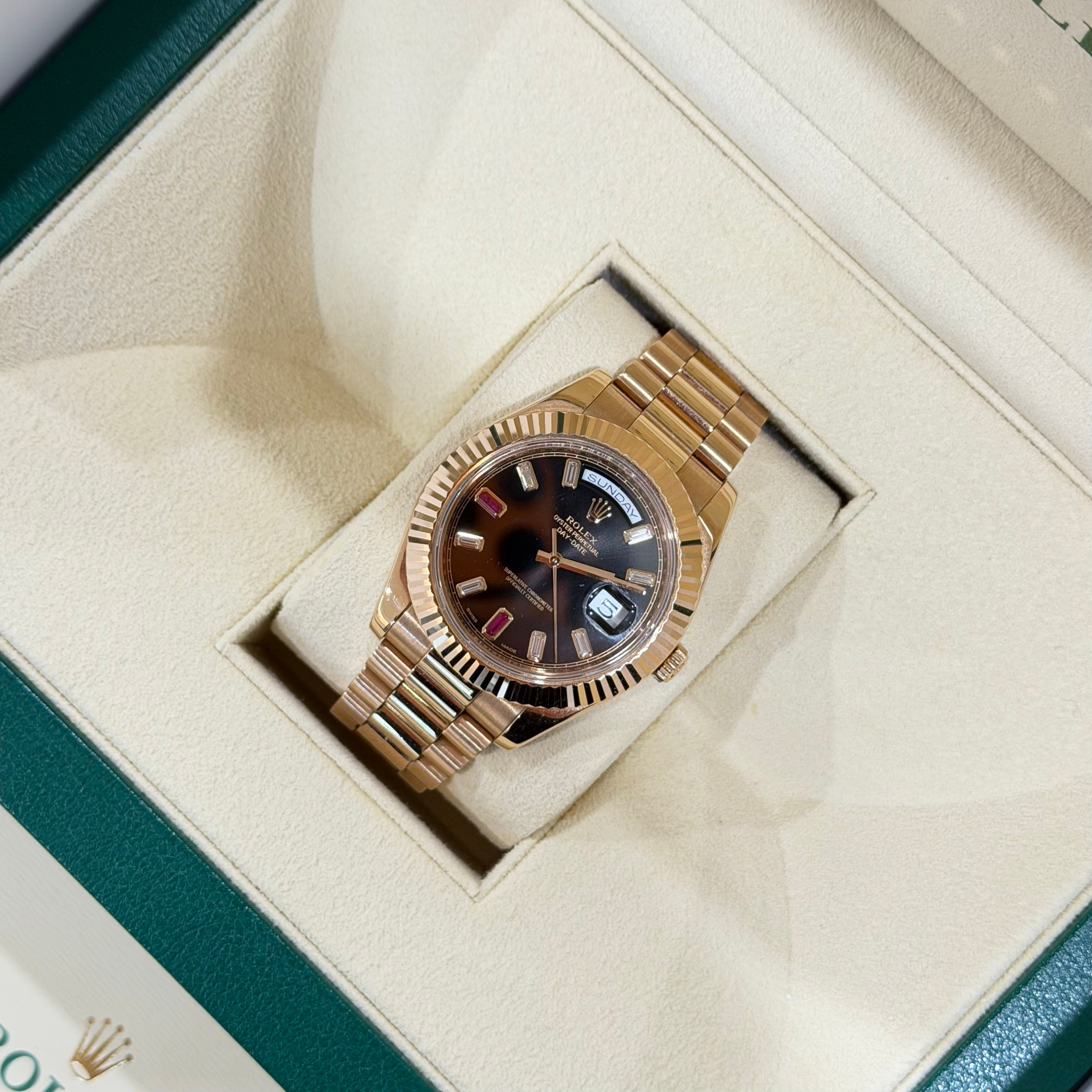 Rolex Day-Date II 218235 Black Diamond & Ruby Dial Full Set